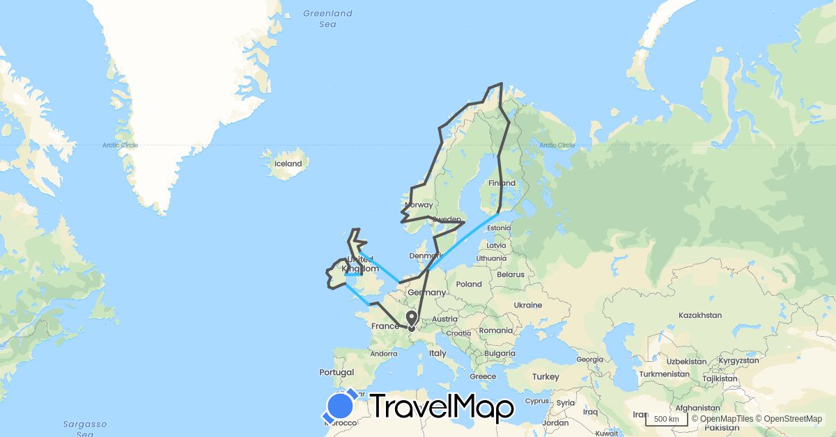 TravelMap itinerary: driving, boat, motorbike in Switzerland, Germany, Finland, France, United Kingdom, Ireland, Netherlands, Norway, Sweden (Europe)